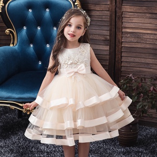Los niños elegante perla pastel princesa vestido de niña vestido de novia fiesta bordado flor vestido de niña