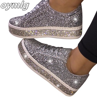 2020 Women Vulcanize Shoes Sneakers Sliver Bling Shoes Girl Flat Glitter Sneakers Casual Female Breathable Lace Up Shoes