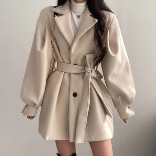 Abrigo largo nuevo estilo coreano Chic otoño e invierno abrigo de estilo suelto de lana de las mujeres traje de Cuello m