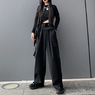 pantalones deportivos de mujerDe moda centro comercial Goth Harajuku negro pantalones de las mujeres gótico Techwear Oversize flojo pantalones de pierna ancha para mujer oscuro Academia YhuJ