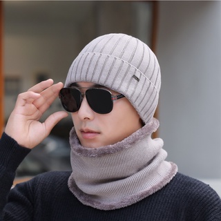 Sombrero de punto forro polar moda hombres2021Conjunto cálido grueso lana gorro lana invierno Pullover estilo coreano bufanda