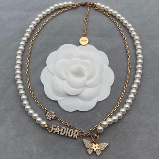 alta calidad imagen real accesorios de moda dior collar pendientes mano nueva oro de doble capa perla mariposa letra refinación