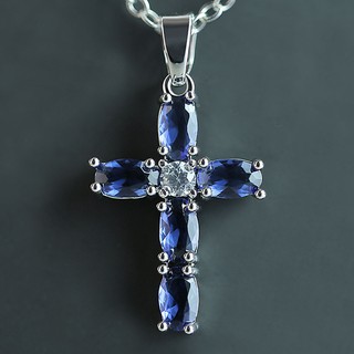 Nuevo collar de cruz simple de moda con incrustaciones de circón ovalado azul (incluida la cadena)