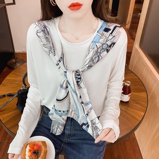 estilo coreano impresión tie-front blusa mujeres otoño manga larga casual algodón t-shirt