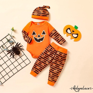 Bbq-tres piezas ropa de bebé Halloween calabaza impreso manga larga mameluco y pantalones con sombrero