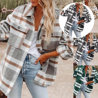 [xiangsicity] Women Cardigan Coat Plaid Print Single Breasted Coat Single Breasted for Office