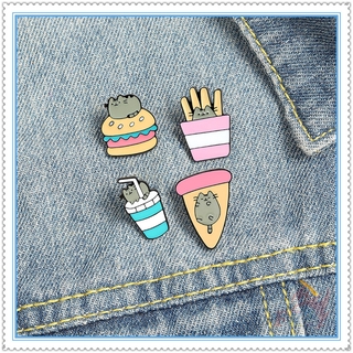 P-u-s-h-e-e-n & The Delicious Food broches 1Pc de dibujos animados gatos Pizza/hamburguesa/bebida/Chips moda Doodle esmalte pines mochila botón insignia broche