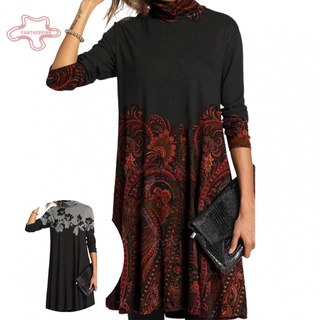 pantherpink Women Autumn Winter Stripes Floral Print Turtleneck Long Sleeve Loose Midi Dress