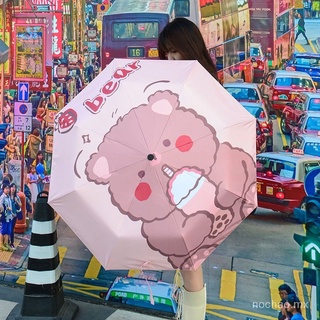 paraguas de lluvia de engranaje de fresa oso paraguas femenino estudiante coreano lindo plegable totalmente automático umbrellainssun y lluvia de doble uso chica parasol de corazón
