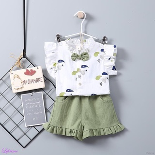 Summer Baby Girls Casual Flare Sleeve Floral Print T-shirt Tops With Bowknot+Shorts Suits Costume Set