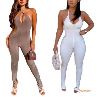 LA-Women Sexy Halter Jumpsuit, Adults Sleeveless Backless Solid Color V-neck