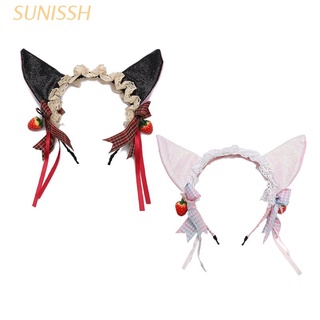SUNIN Girls Cosplay Cat Ears Lace Hair Hoop Lolita Cute Bowknot with Strawberry Pendant Cosplay Headwear Halloween Party Decor