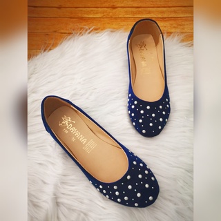 Flats Azul Marino con Perlas Zapato de Piso Terciopelo Para Dama Lindos