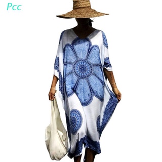 Pcc Mujer Vacaciones De Gran Tamaño Cuello En V Playa Maxi Vestido Vintage Paisley Floral Impreso Kaftan Traje De Baño Cubrir Lado Dividido Kimono Túnica