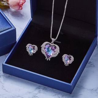3 piezas / set Collar de ala de ángel con colgante y aretes Juego de joyas de corazón de cristal azul