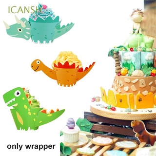ICANSH 12pcs/lot Celebración Copa Corona de papel Baby Shower Pastel decoracion envuelve Cupcake wrapper Dinosaurio Corte laser Cartoon Fiesta de cumpleaños Muffin casos