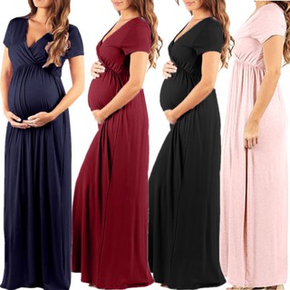 Mujer ropa de maternidad Maxi vestido largo embarazada ropa V-cuello de manga corta plisada cintura elástica larga vestidos de fiesta