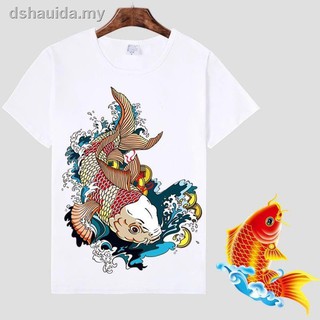 Feng Shui Tinta Buena Suerte Koi Pescado Camiseta Estilo Étnico Suelto Gran Tamaño Ropa Cina Nasib baik Ikan gaya etnik longgar pakaian bersaiz besar