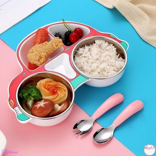 Children Tableware Set Stainless Steel Dishes Baby Feeding Plate Spoon Fork Cute Cartoon Car Shape Bowl