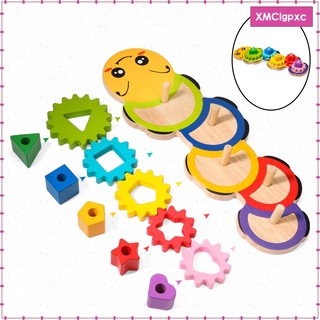 [Ready Stock] Wooden Building Blocks Gear Toy Assembling Caterpillar Age 3+ Kids Early Learning Preschool Shape Color Sorting Matching