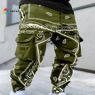 [kz] Men Harem Pants Printed Multi Pockets Drawstring Ankle Tied Cargo Trousers for Sports (5)