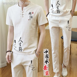Traje de verano de manga corta para hombres, camiseta de tendencia casual para hombres, traje Tang, estilo chino, verano, hombres, Hanfu, un conjunto de ropa