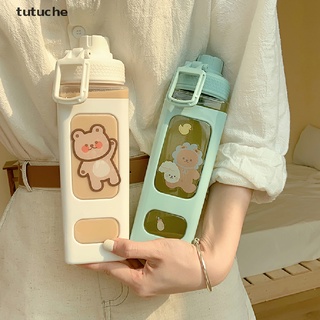 tutuche oso botella de agua con paja deporte plástico portátil cuadrado botella tazas mx