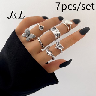 j&l 7 unids/set moda anillo joyería charm aleación mariposa margarita abeja corazón estrella anillo conjunto para mujeres