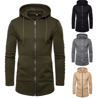 [PAYTON]Men's Casual Solid Ruched Sleeve Coat Zipper Pocket Long Sleeve Hooded Coat
