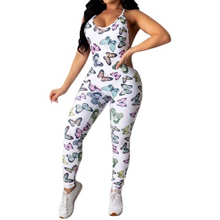 CELMIA Women Butterfly Printed Elastic Sleeveless Casual Long Jumpsuit