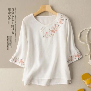 Traje Tang Mujer de algodón y lino de lino de manga sensal Bordado de discos literario camisa retro femenino verano suelto tamaño grande de algodón camisa