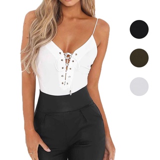 Sexy Women Lace Up Bodysuit Summer Backless Jumpsuit Deep V Neck Playsuit Bodycon Overalls