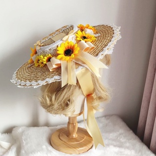 augetyi8bo Lolita Flat Top Hat Sweet Sunflower Straw Hat Elegant Bow Lace Hat Headwear (3)