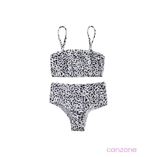 ☎Ko☽2 trajes de natación para niñas, sin mangas, estampado de leopardo, Bikini con correa de espagueti + fondos de natación