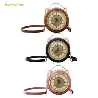 fxt moda cuero pu mujeres señora vintage reloj redondo bolso mensajero crossbody