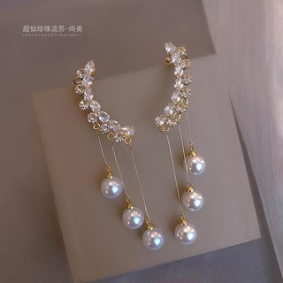 sufer~Nuevo diseño de moda pendientes de circonita mujer luz de lujo moda clip de oreja net red temperament pendientes borla pendientes de perlas (1)