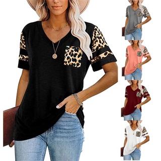 (wopyt.br) Camisetas de leopardo con estampado de leopardo para mujer, manga corta, cuello en V, túnica con bolsillo