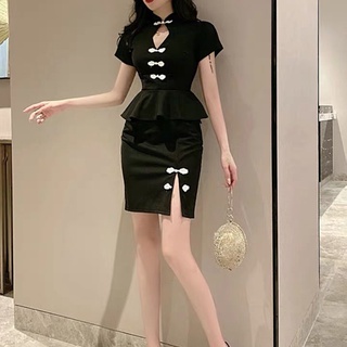 Korean Style Retro Improved Cheongsam Dress Elegant Slim-Fit Short Sleeve Split Sexy Sheath Dress Fake Two-Piece Dress for Women (8)