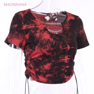 MAONA mujer gótico cordón manga corta Slim T-Shirt Tie-Dye cadena de Metal Crop Top