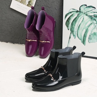 Las mujeres de moda zapatos de lluvia de tubo corto caliente zapatos de felpa botas de lluvia de las mujeres antideslizante coche lavado zapatos de agua zapatos de cocina antideslizante zapatos de goma (1)