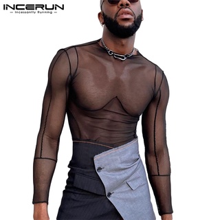 INCERUN-Camisa De Malla Transparente Para Hombre , Cuello Redondo Y Manga Larga