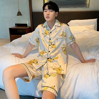 Pijamas de verano de los hombres de manga corta pantalones cortos de hielo de seda delgada Kore