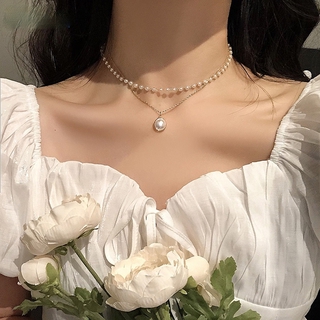 Moda Retro perla estilo Metal cerradura collar doble capa colgante para mujeres cadena gargantilla accesorios de joyería