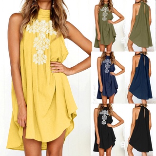 Womens Holiday Irregular Dress Ladies Summer Beach Sleeveless Print Party Dress (1)