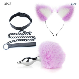 Her 3Pcs Cat Ears Headband Plush Tail Butt Plug Leather Choker BDSM Bondage Sex Toys