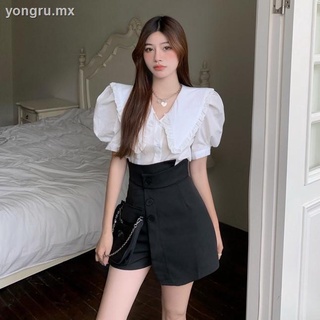 One-piece/suit summer new style Western style age-reducing short-sleeved shirt + high-waist irregular half-length skirt pants two-piece female