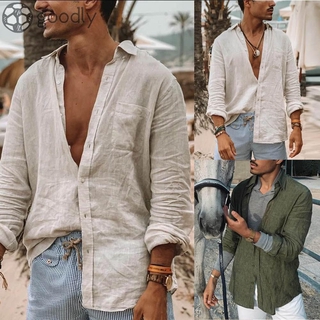 Camisa De manga larga con botones De lino y algodón para hombre