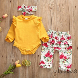 Laa8-dz bebé niña otoño conjunto conjunto amarillo manga larga mameluco + pantalones florales + diadema