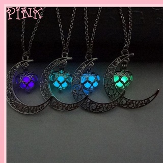 PINK1 Moda Luna colgante de corazon Vintage Brillan en la oscuridad Collar Luminoso Joyas Cadena De Aleacion Chic Hollow Out/Multicolor
