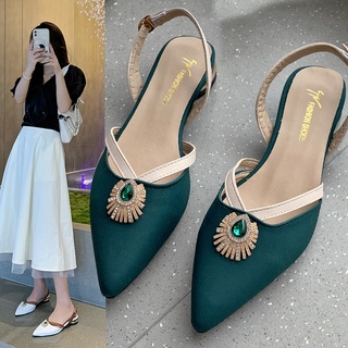 2022 Primavera Verano De Suela Baja Sandalias De Las Mujeres Versión Coreana Rhinestone Moda Solo Zapatos De Una Palabra Hebilla Puntiaguda
